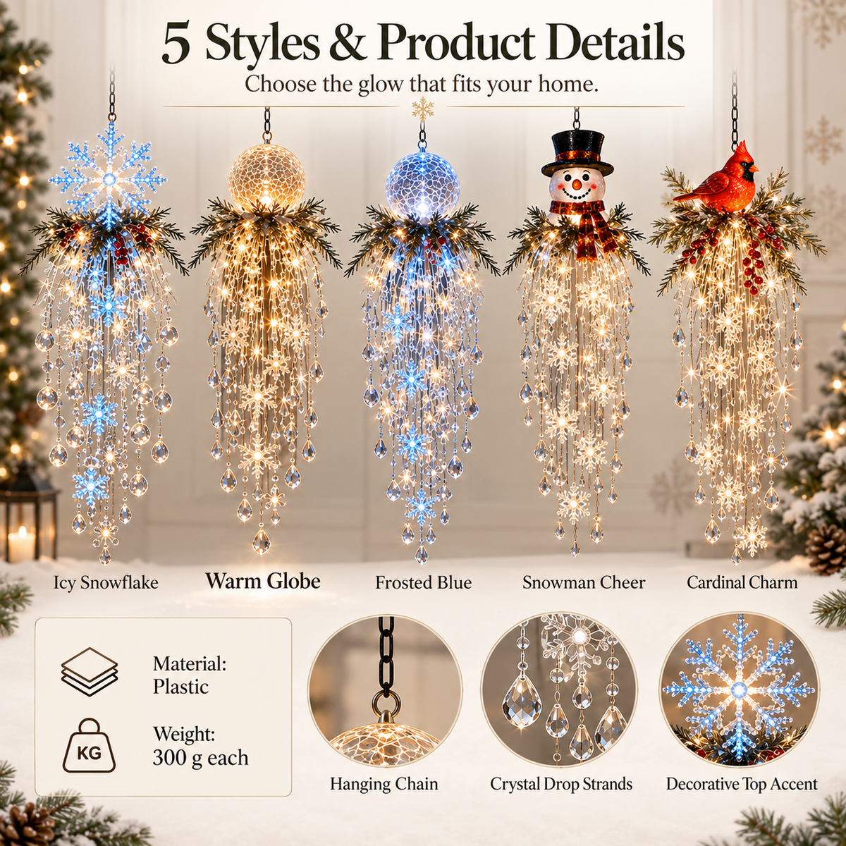 🎅 Christmas Hanging Snowflake & Crystal LED Light, Festive Porch Decoration ✨