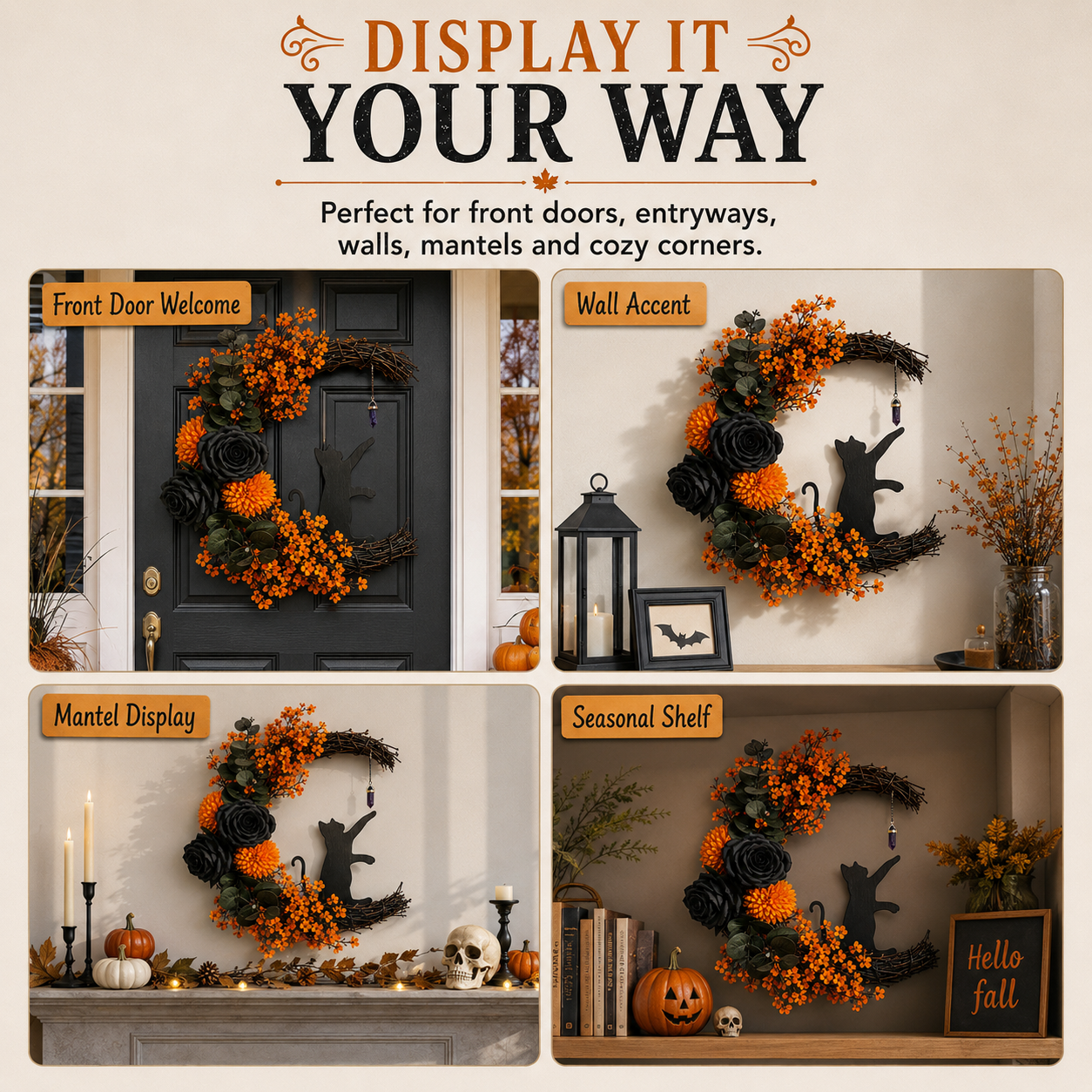 Handmade Halloween Cat Wreath🐈‍⬛🌙