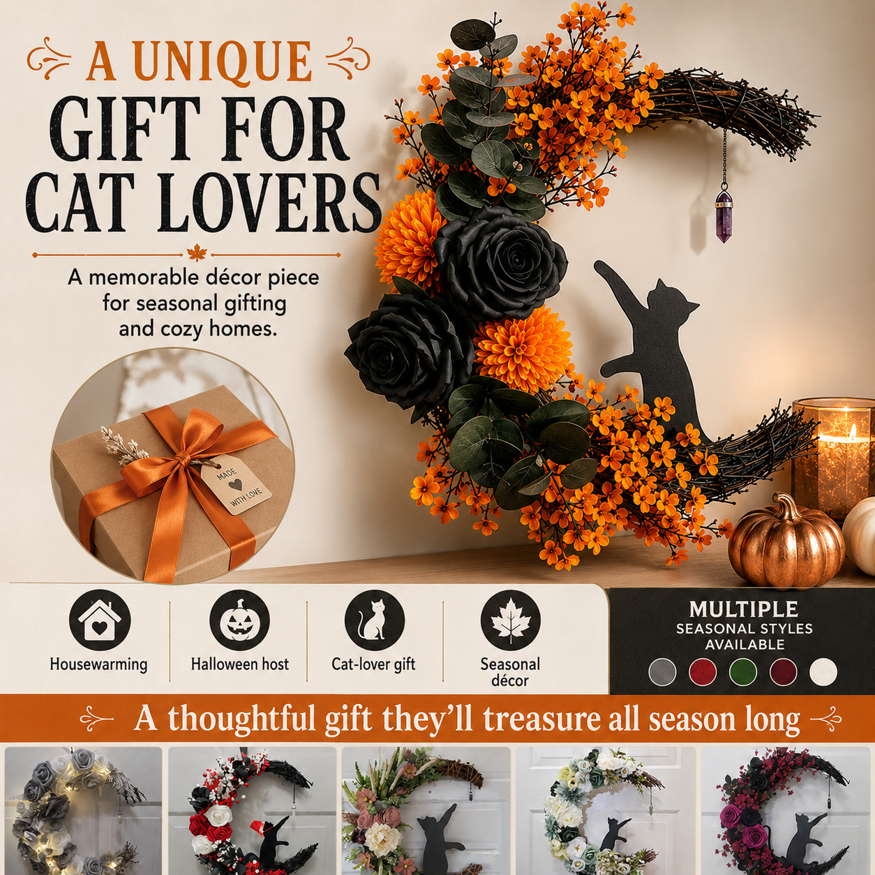 Handmade Halloween Cat Wreath🐈‍⬛🌙