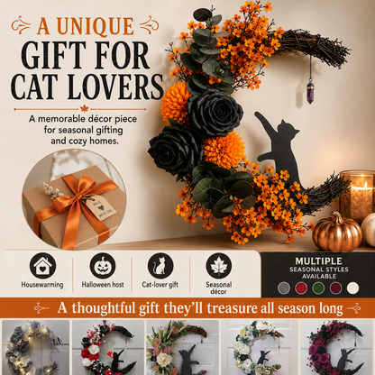 Handmade Halloween Cat Wreath🐈‍⬛🌙