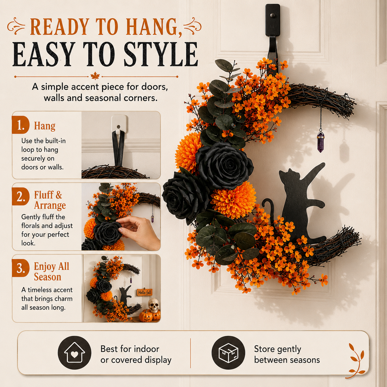Handmade Halloween Cat Wreath🐈‍⬛🌙