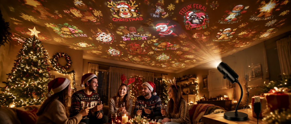 Julsken julprojektor som projicerar julmotiv över väggar och tak