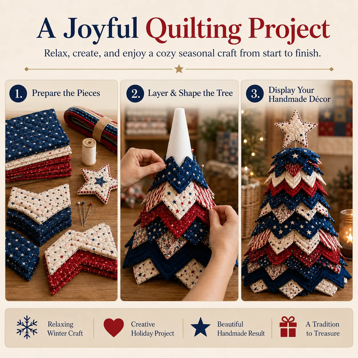🎄Americana Christmas Tree Quilt Kit – Easy Layered Fabric Holiday Décor for Quilting Lovers