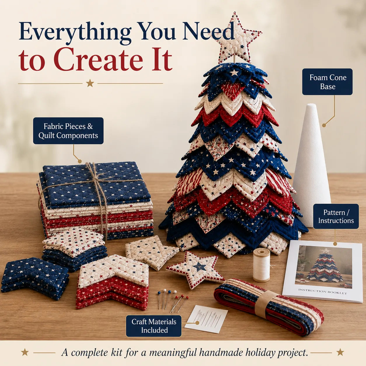 🎄Americana Christmas Tree Quilt Kit – Easy Layered Fabric Holiday Décor for Quilting Lovers