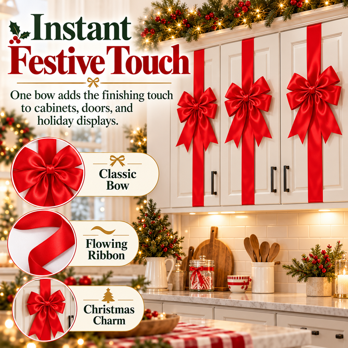 🎀CHRISTMAS BOW RIBBON DECORATION🎄- FESTIVE DOOR & CABINET DECOR FOR THE HOLIDAYS