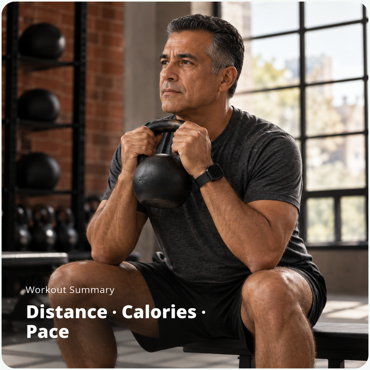 A man wearing a smartwatch during a kettlebell workout