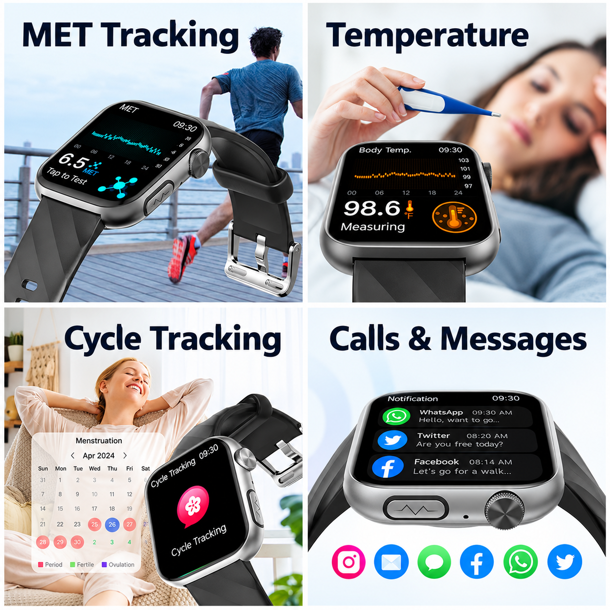 Four-panel smartwatch collage showing activity, temperature, cycle, and connected-call screens