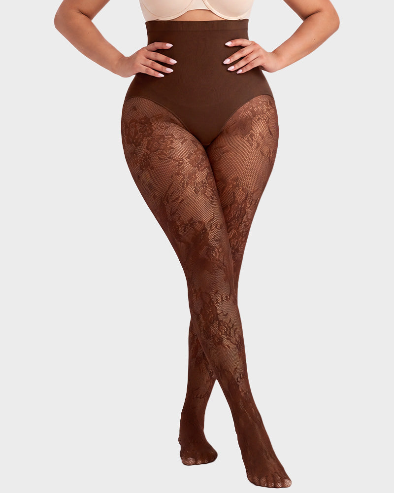 High-Waisted Floral Lace Shaping Tights