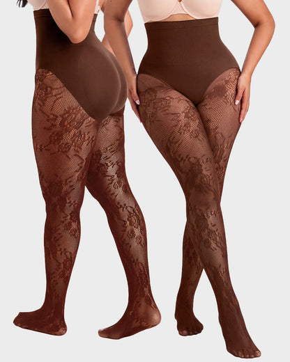 High-Waisted Floral Lace Shaping Tights