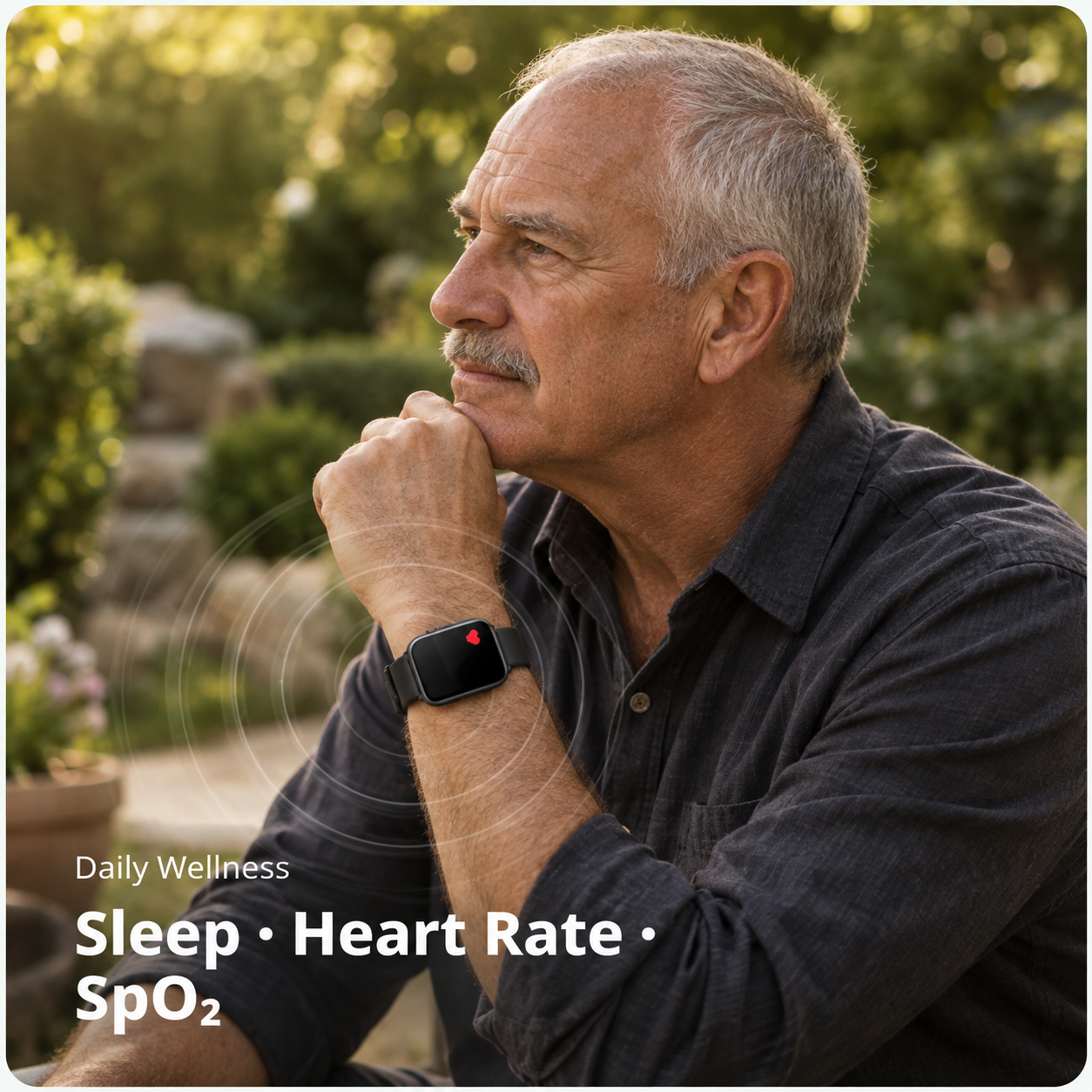 An older man wearing a smartwatch in a quiet garden