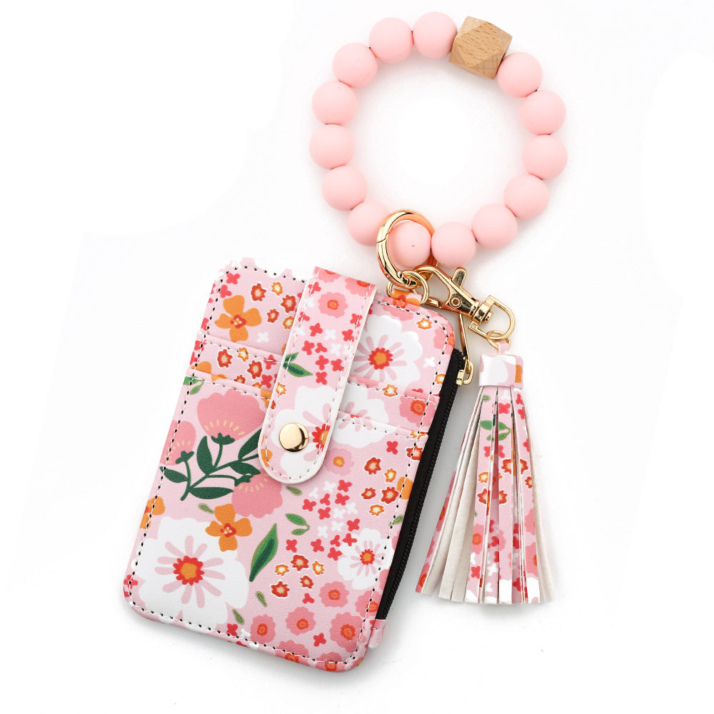 Women's Boho Beaded & Tassel Decorated Keychain with Flower Pattern Wallet