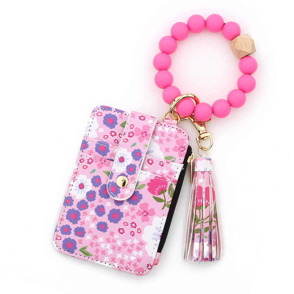 Women's Boho Beaded & Tassel Decorated Keychain with Flower Pattern Wallet