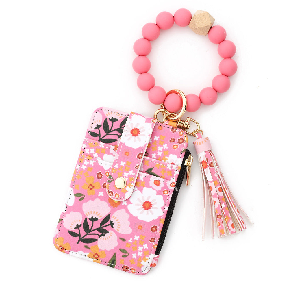 Women's Boho Beaded & Tassel Decorated Keychain with Flower Pattern Wallet