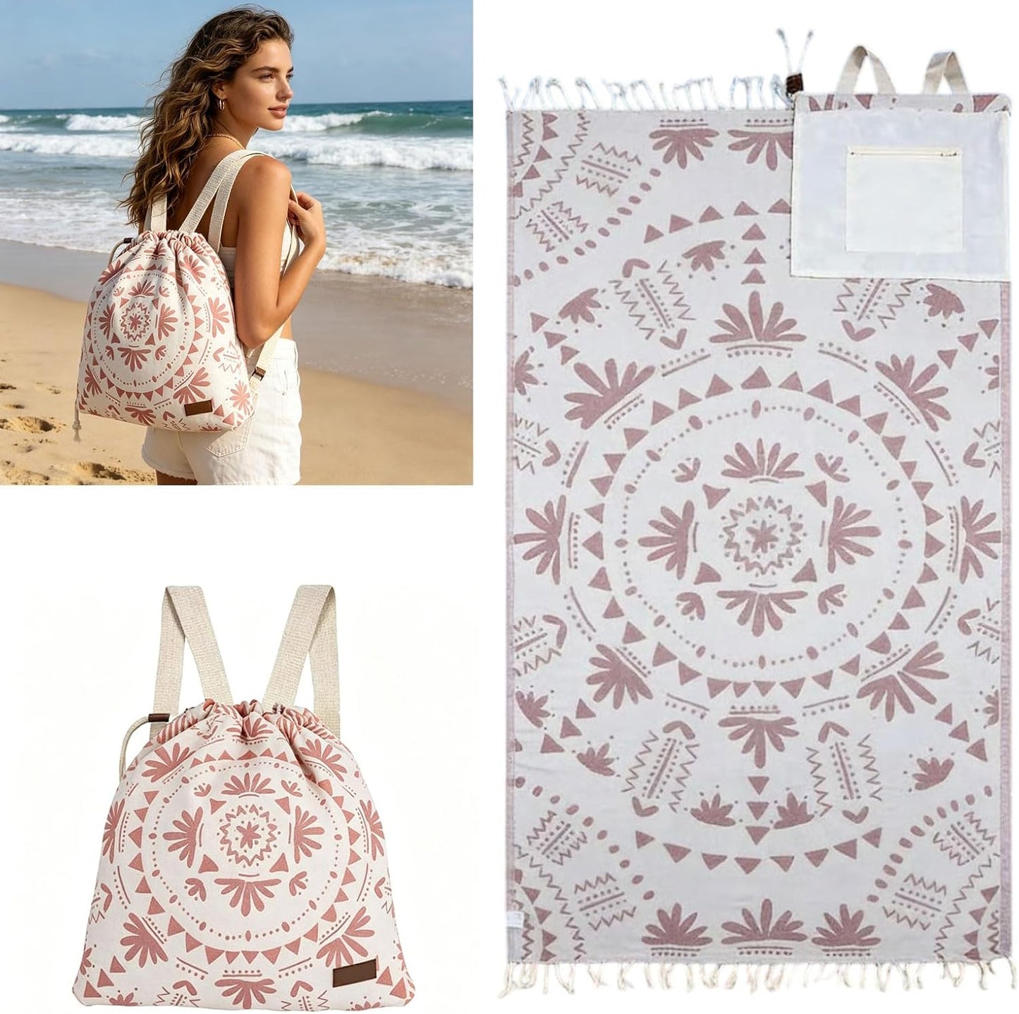 2-in-1 Convertible Towel & Backpack with Inner Zip Pocket & Sand-Proof Fabric