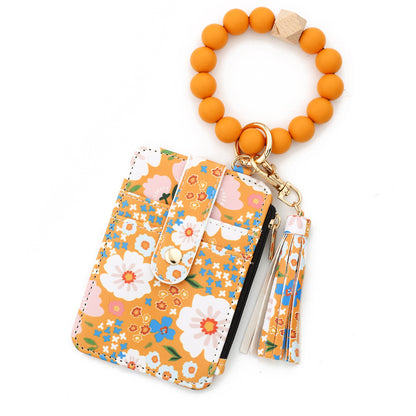 Women's Boho Beaded & Tassel Decorated Keychain with Flower Pattern Wallet
