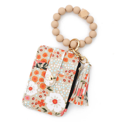 Women's Boho Beaded & Tassel Decorated Keychain with Flower Pattern Wallet