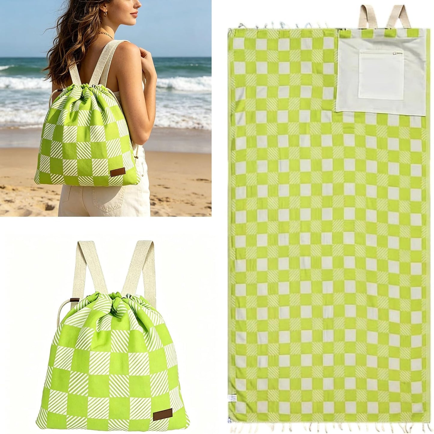 2-in-1 Convertible Towel & Backpack with Inner Zip Pocket & Sand-Proof Fabric
