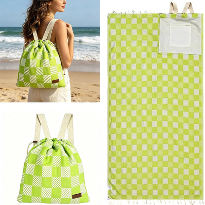 2-in-1 Convertible Towel & Backpack with Inner Zip Pocket & Sand-Proof Fabric