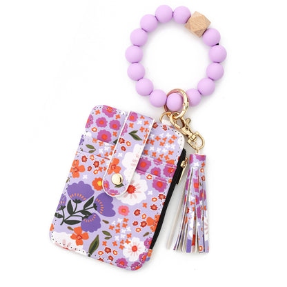 Women's Boho Beaded & Tassel Decorated Keychain with Flower Pattern Wallet