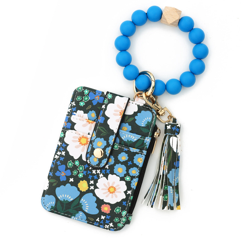 Women's Boho Beaded & Tassel Decorated Keychain with Flower Pattern Wallet
