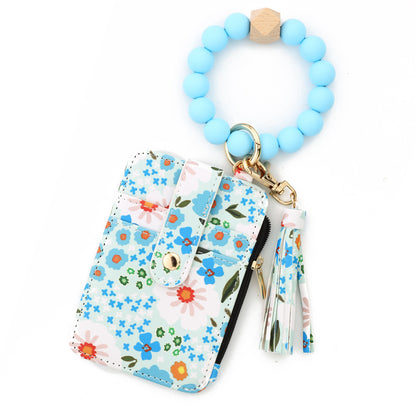 Women's Boho Beaded & Tassel Decorated Keychain with Flower Pattern Wallet