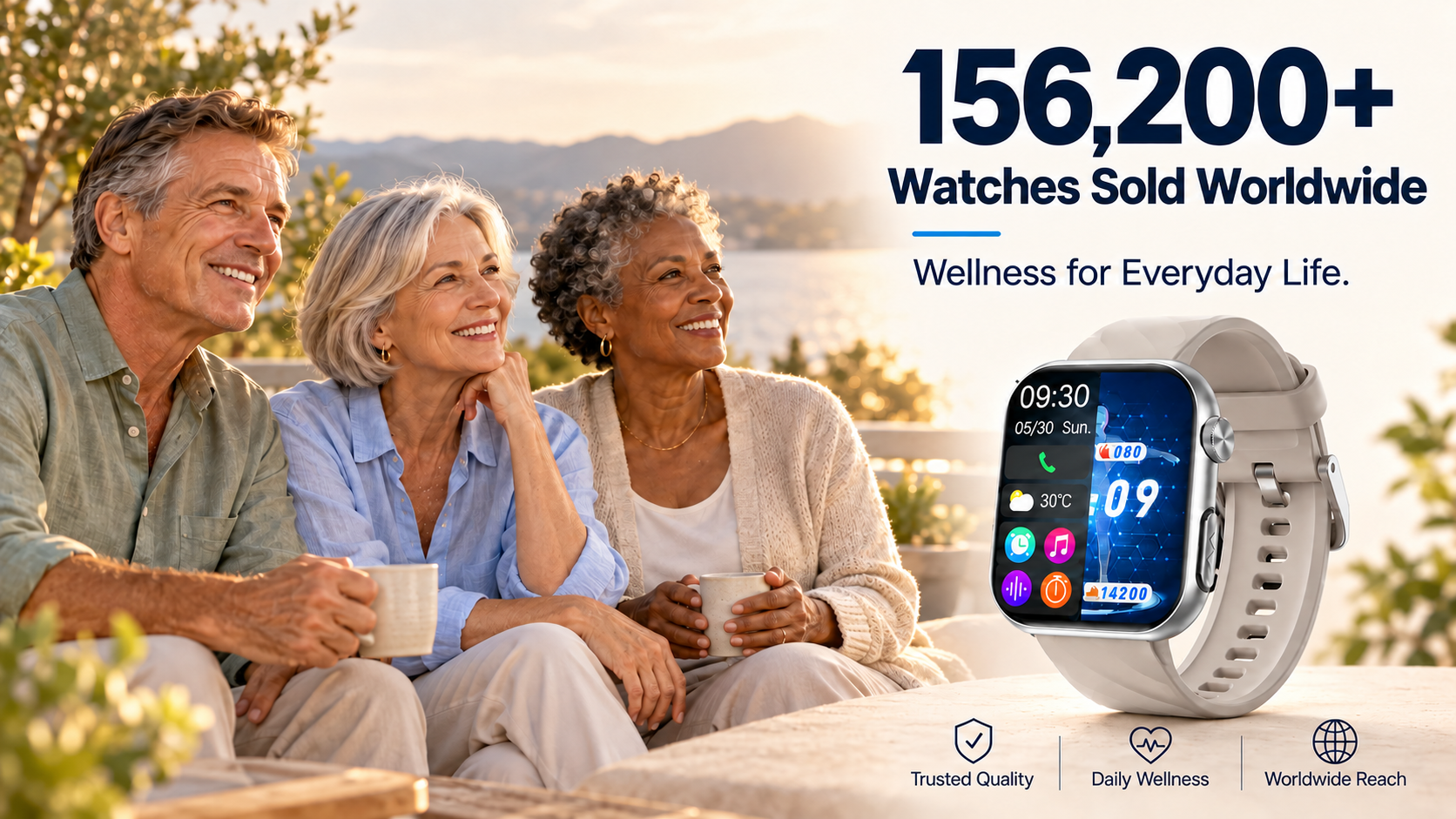 Lifestyle banner showing the Everyday Health Smartwatch and an outdoor gathering