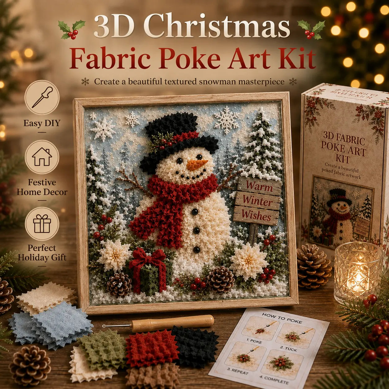 ⛄ DIY Snowman Fabric Poke Art Kit, Handmade 3D Christmas Holiday Decoration Craft Set