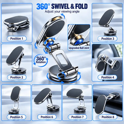 Foldable Magnetic Car Phone Holder, Zinc Alloy 360° Rotating Dashboard Mount