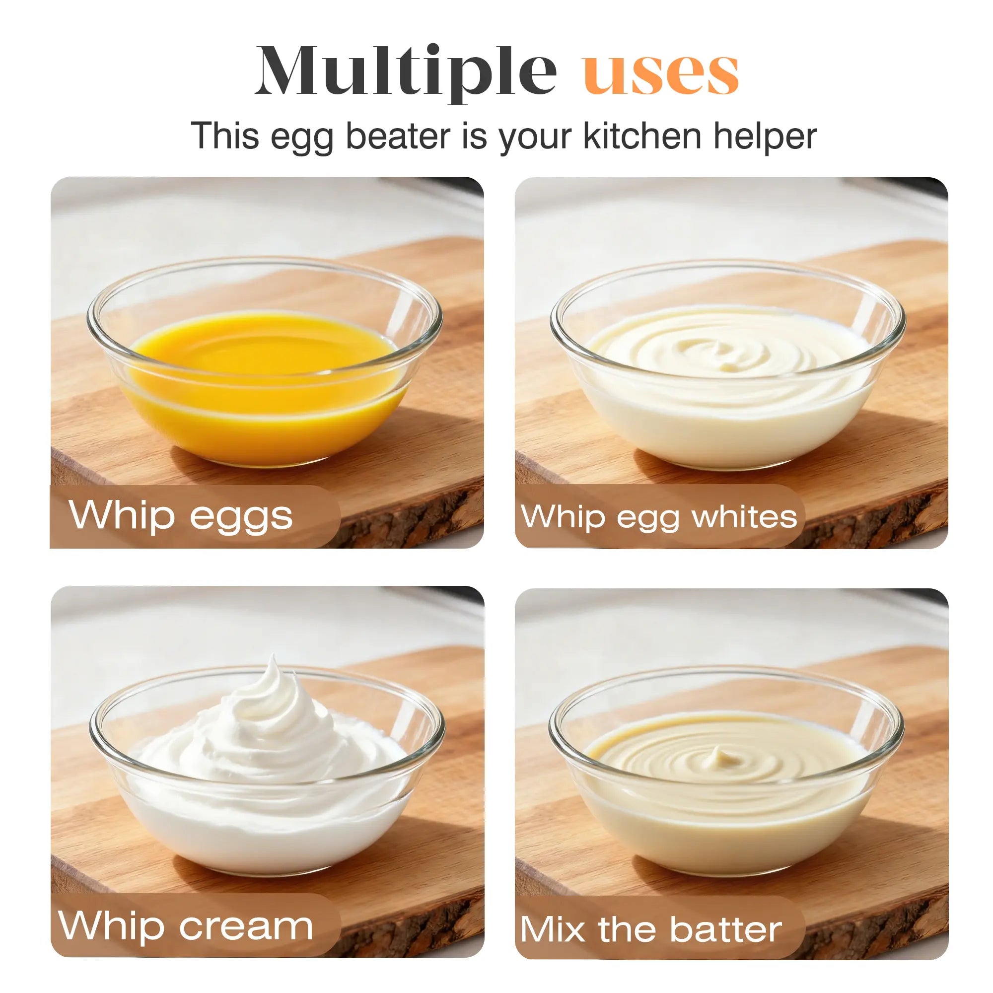 Eggs, egg whites, cream and batter use cases for rotary whisk