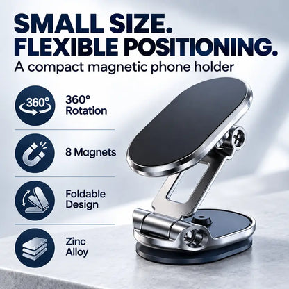 Foldable Magnetic Car Phone Holder, Zinc Alloy 360° Rotating Dashboard Mount